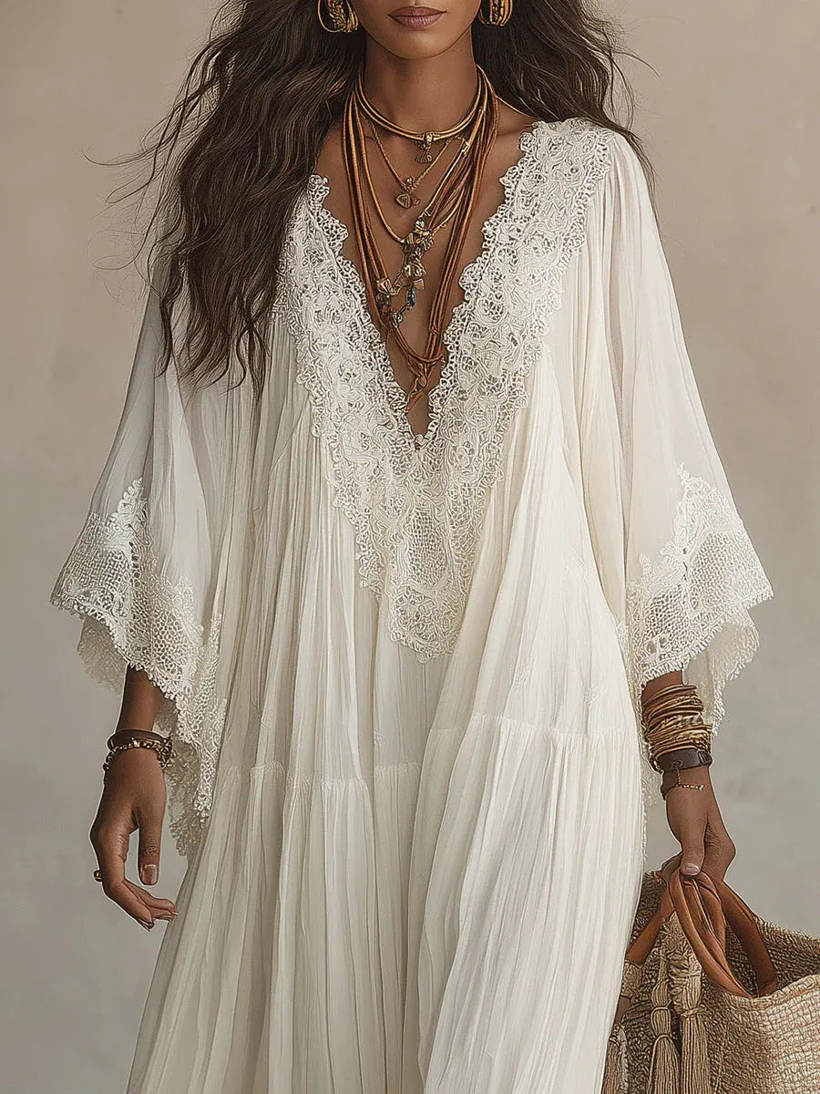 Celeste | Vestido largo de gasa con encaje