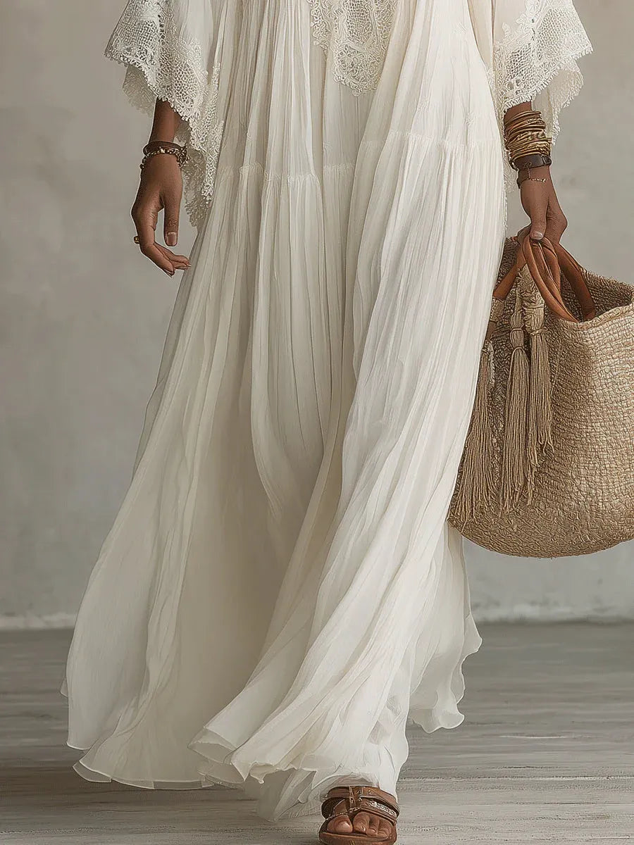 Celeste | Vestido largo de gasa con encaje