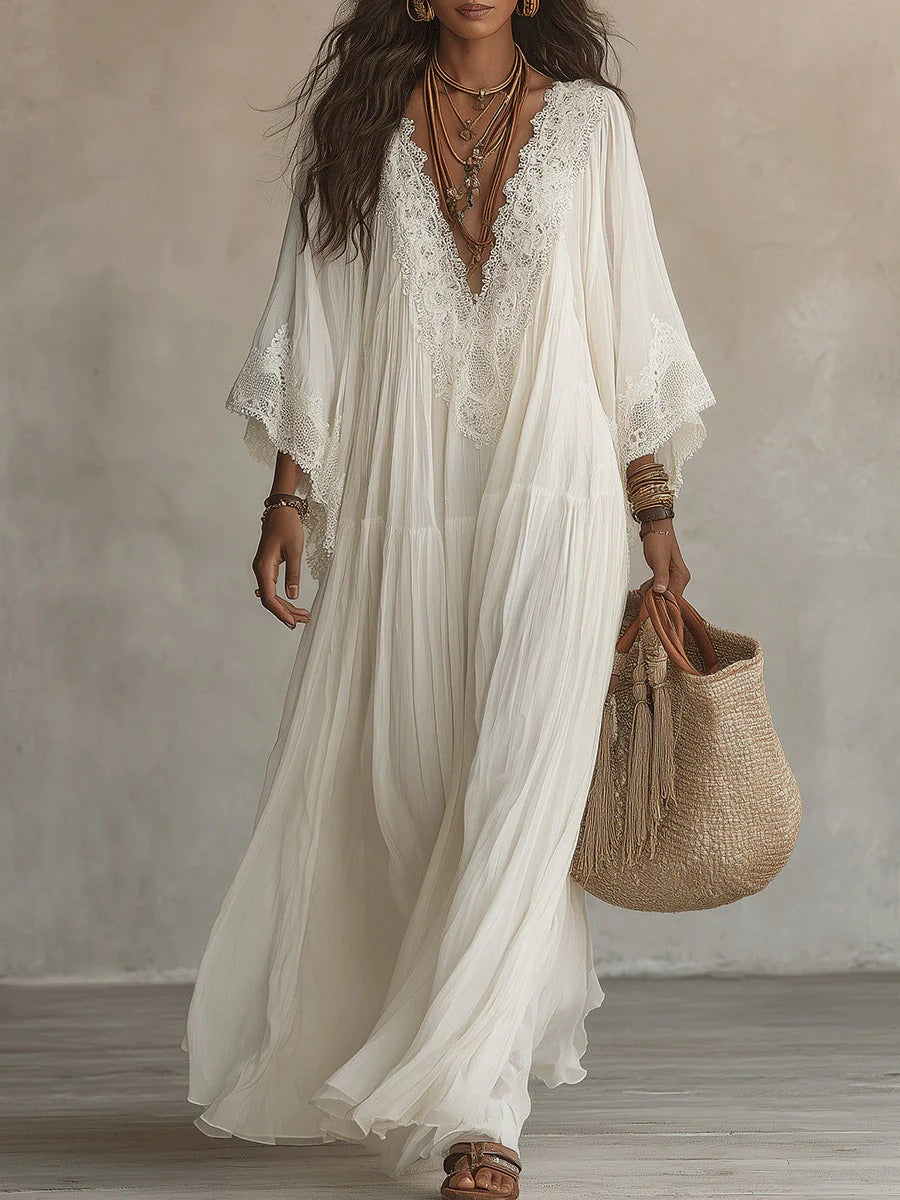 Celeste | Vestido largo de gasa con encaje